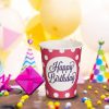 Fukszia és Lila Pöttyös Papírpohár Szett „Happy Birthday” Felirattal 240ml - 12 db
