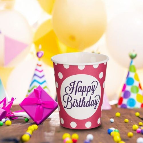 Fukszia és Lila Pöttyös Papírpohár Szett „Happy Birthday” Felirattal 240ml - 12 db