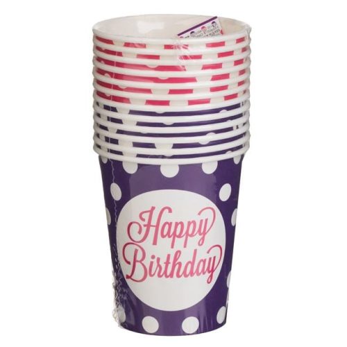 Fukszia és Lila Pöttyös Papírpohár Szett „Happy Birthday” Felirattal 240ml - 12 db