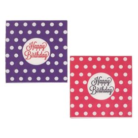   Fukszia és Lila Pöttyös Happy Birthday Szalvéta 33x33cm - 20db