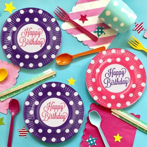 Fukszia és lila pöttyös Happy Birthday papírtányér szett Ø23cm - 12 db
