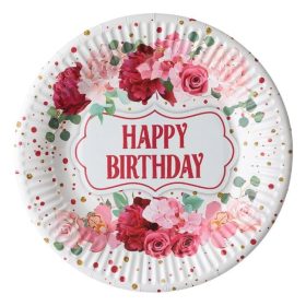   Rózsaszín Virágos Happy Birthday Party Papírtányér 18cm - 6db