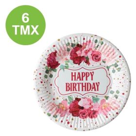   Fehér-Rózsaszín Virágos Happy Birthday Party Papírtányér 23cm - 6db