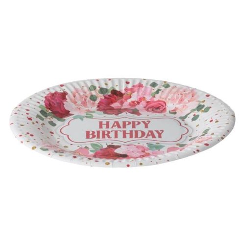 Fehér-Rózsaszín Virágos Happy Birthday Party Papírtányér 23cm - 6db