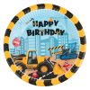 Építőgépes Party Papírtányér Szett - Világoskék és Sárga, Happy Birthday, 18 cm - 10 db