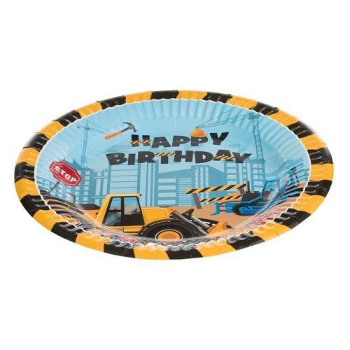 Építőgépes Party Papírtányér Szett - Világoskék és Sárga, Happy Birthday, 18 cm - 10 db
