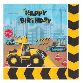  Kétrétegű Party Szalvéta - Építőipari Járművek és Happy Birthday Felirat, Kék/Sárga, 33x33cm - 20 db