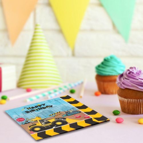 Kétrétegű Party Szalvéta - Építőipari Járművek és Happy Birthday Felirat, Kék/Sárga, 33x33cm - 20 db