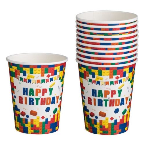 Happy Birthday Színes Építőkockás Papírpohár Szett - 240ml, 10 db