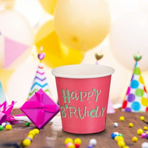 Színes Papír Party Poharak "Happy Birthday" Felirattal, 80ml - 25 db