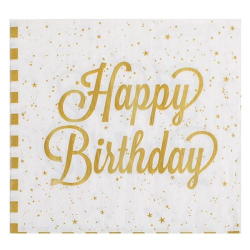 Arany Csíkos Happy Birthday Partiszalvéta, Fehér, 33x33cm - 12 db