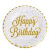 Fehér Papírtányér Készlet Arany Csíkokkal és Happy Birthday Felirattal Ø18cm - 12db