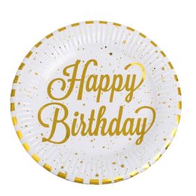   Fehér Papírtányér Készlet Arany Csíkokkal és Happy Birthday Felirattal Ø18cm - 12db
