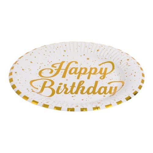 Fehér Papírtányér Készlet Arany Csíkokkal és Happy Birthday Felirattal Ø18cm - 12db