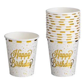   Fehér Papírpohár Arany Csíkokkal és Happy Birthday Felirattal 240ml - 12db