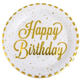   Fehér Arany Csíkos Happy Birthday Papírtányér Szett Ø23cm - 12 db