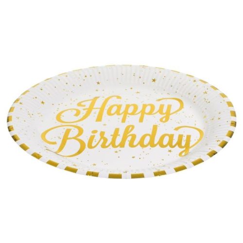 Fehér Arany Csíkos Happy Birthday Papírtányér Szett Ø23cm - 12 db
