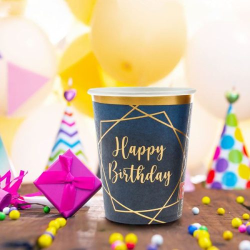 Happy Birthday Kék Papírpohár Arany Fóliás Felirattal 240ml - 6db