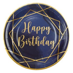   Happy Birthday kék papírtányér arany fóliával, 23 cm - 6 db