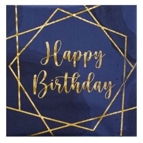   2 rétegű Happy Birthday Szalvéta - Kék és Arany Fóliás, 33x33 cm - 12 db