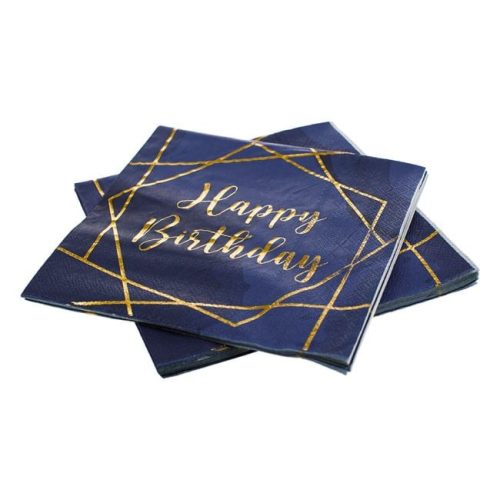 2 rétegű Happy Birthday Szalvéta - Kék és Arany Fóliás, 33x33 cm - 12 db