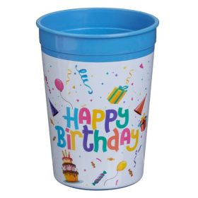   Újrafelhasználható kék műanyag parti pohár "Happy Birthday" felirattal, 300ml