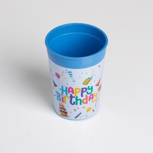 Újrafelhasználható kék műanyag parti pohár "Happy Birthday" felirattal, 300ml