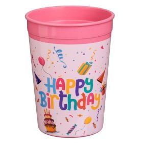   Újrafelhasználható Rózsaszín Műanyag Party Pohár "Happy Birthday" felirattal - 300ml