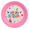 Újrafelhasználható rózsaszín műanyag tányér "Happy Birthday" felirattal, 21 cm