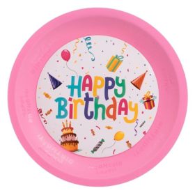   Újrafelhasználható rózsaszín műanyag tányér "Happy Birthday" felirattal, 21 cm