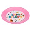 Újrafelhasználható rózsaszín műanyag tányér "Happy Birthday" felirattal, 21 cm