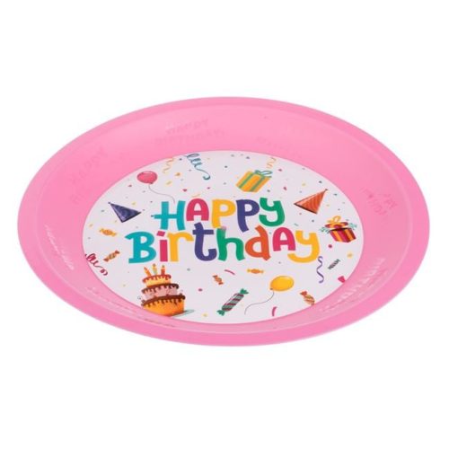 Újrafelhasználható rózsaszín műanyag tányér "Happy Birthday" felirattal, 21 cm