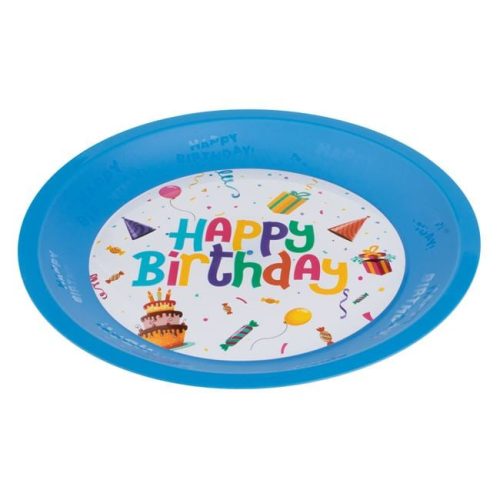 Újrahasználható Világoskék Műanyag Partytányér „Happy Birthday” Felirattal, 21 cm