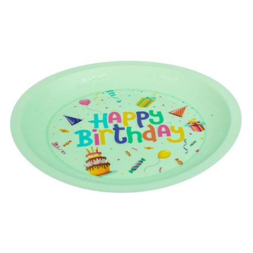 Menta zöld újrahasznosítható műanyag tányér "Happy Birthday" felirattal Ø21cm