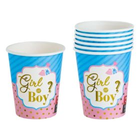   „Girl or Boy?” Babaváró Papírpohár Szett - Világoskék és Rózsaszín, Arany Fóliával, 240ml - 6 db