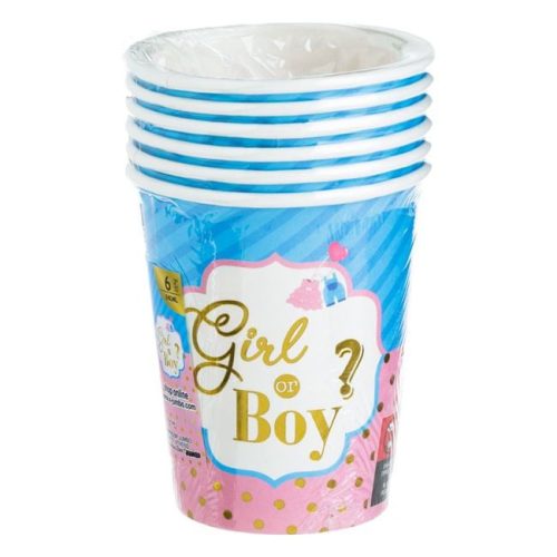„Girl or Boy?” Babaváró Papírpohár Szett - Világoskék és Rózsaszín, Arany Fóliával, 240ml - 6 db