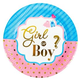   Baby Shower Papírtányér - Girl or Boy? Masnis és Pöttyös Kék-Rózsaszín Gold Foil, 23cm - 6 db