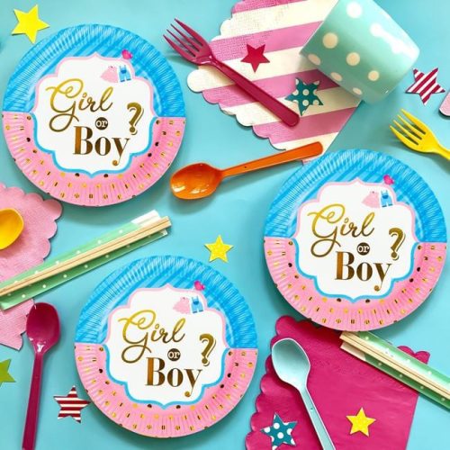 Baby Shower Papírtányér - Girl or Boy? Masnis és Pöttyös Kék-Rózsaszín Gold Foil, 23cm - 6 db