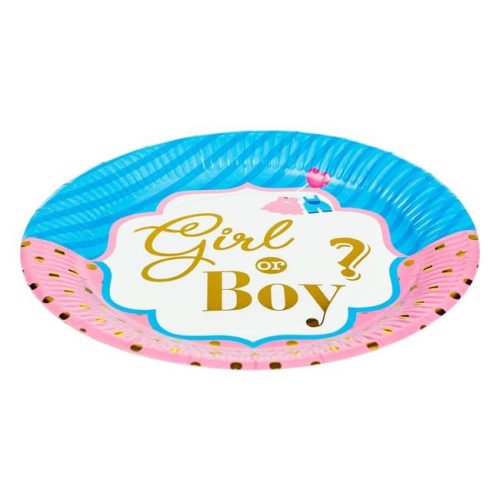 Baby Shower Papírtányér - Girl or Boy? Masnis és Pöttyös Kék-Rózsaszín Gold Foil, 23cm - 6 db