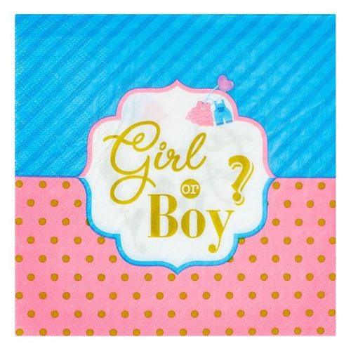 2 rétegű 'Girl or Boy?' Babaváró Szalvéta Fóliázott Felirattal, Kék és Rózsaszín, 33x33cm - 12db