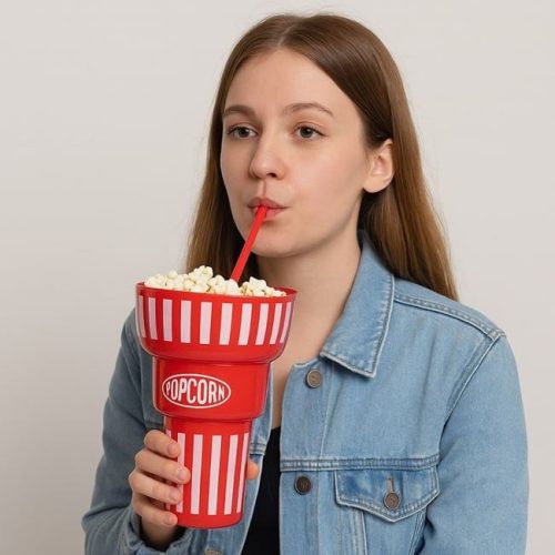 Popcornos Italtartó Pohár Szívószállal - Piros, Ø14,5x22,5 cm