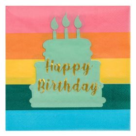   2 rétegű Színes Szalvéta Arany Fóliás Happy Birthday Tortával 33x33cm - 20db