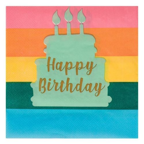 2 rétegű Színes Szalvéta Arany Fóliás Happy Birthday Tortával 33x33cm - 20db