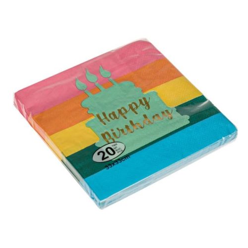 2 rétegű Színes Szalvéta Arany Fóliás Happy Birthday Tortával 33x33cm - 20db