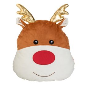   Karácsonyi Díszpárna Rénszarvas Arcával, Arany Fóliás Agancsokkal – 34x37 cm