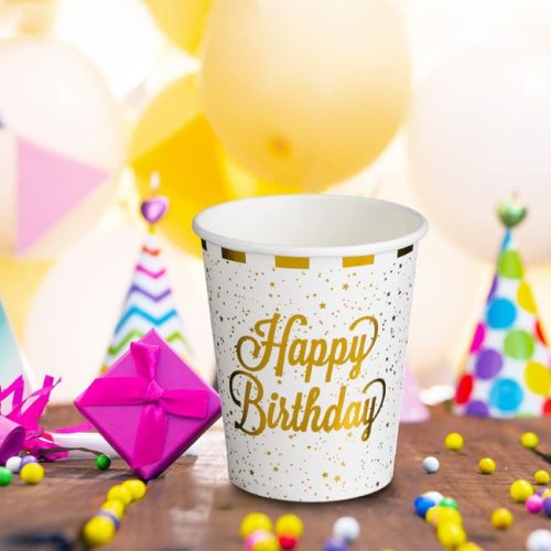 Fehér Papír Partipoharak Arany Fóliacsíkokkal – „Happy Birthday” 240 ml – 12 db