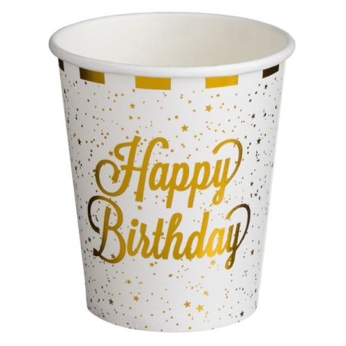 Fehér Papír Partipoharak Arany Fóliacsíkokkal – „Happy Birthday” 240 ml – 12 db
