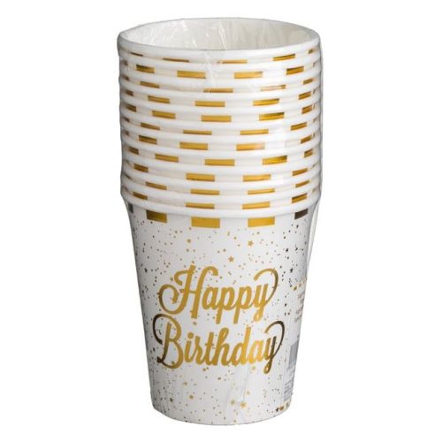 Fehér Papír Partipoharak Arany Fóliacsíkokkal – „Happy Birthday” 240 ml – 12 db