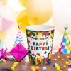 Fehér Papír Partipoharak Színes Téglamintával – „Happy Birthday” 240 ml – 10 db