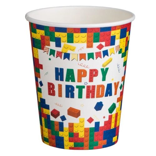 Fehér Papír Partipoharak Színes Téglamintával – „Happy Birthday” 240 ml – 10 db